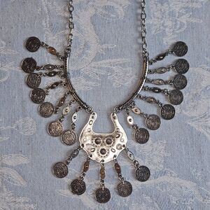 Ladies Silvertone Necklace Bohemian Ethnic Tribal Coin Charm Statement Dangle